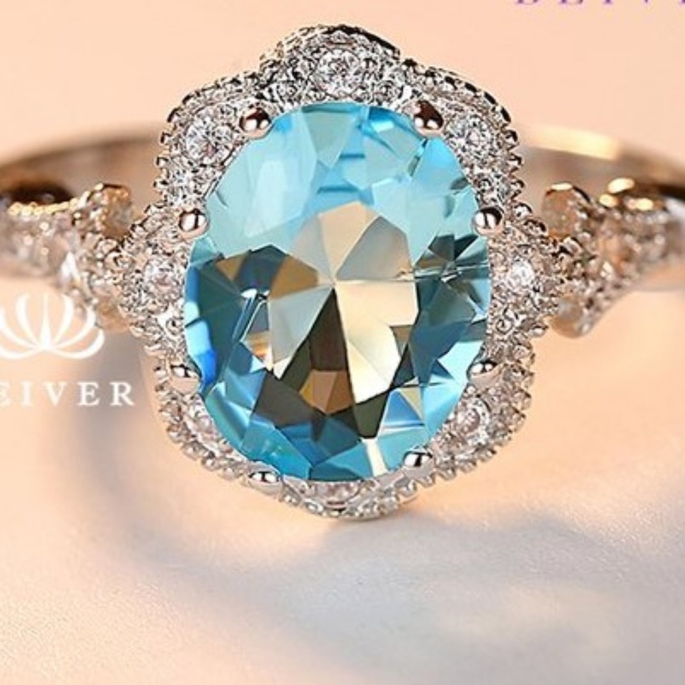 Aquamarine White Gold Filled CZ Halo Ring size 7 8 9 Silver Tone NWT